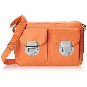 Fossil Leather Riley Top Zip Crossbody Messenger Bag Orange Monarch Pockets